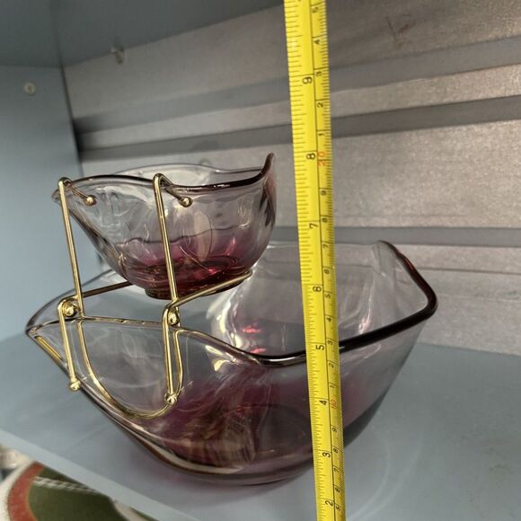 Vintage Indiana Glass Cranberry Chip & Dip Bowl Set w/ Metal Bracket Mid Century - Picture 8 of 11